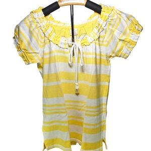 Michael Kors Womens Yellow White Striped Ruffle Neck Drawstring Blouse Small